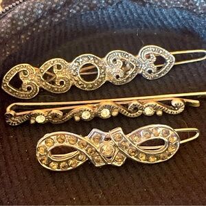 Classic Set Of 3 Vintage Bobby Pin Hair Barrette Silver Tone Clear Rhinestones